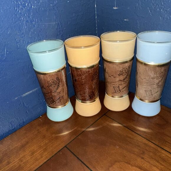 Vintage MCM Siesta Ware Tiki Bar Glasses Mahogany Wood Wrapped Set Of 4 - Picture 2 of 8